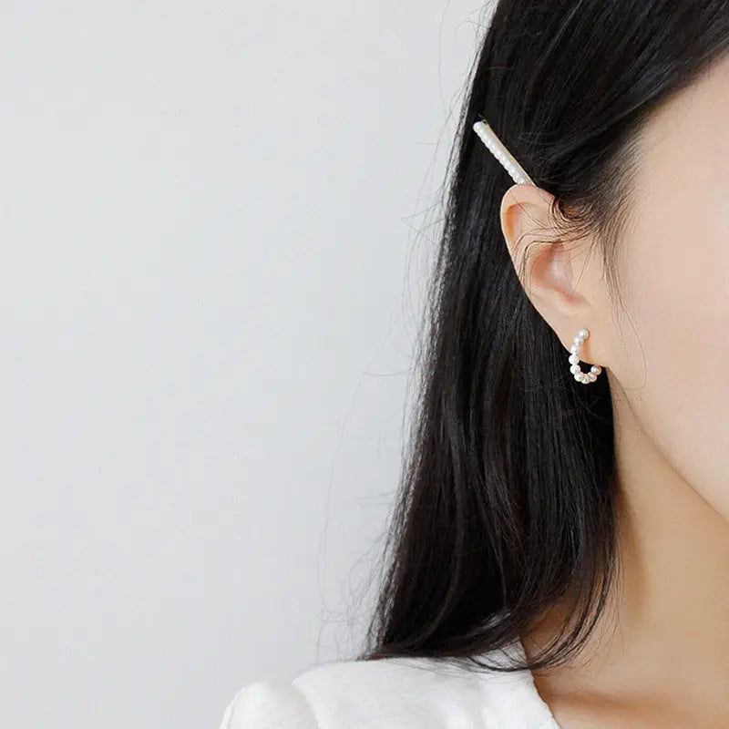 Geometric Whispers Silver Pearl Stud Earrings