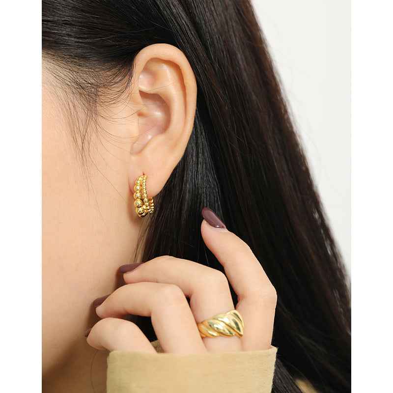 Double-Row Round Bolus Silver Hoop Earrings