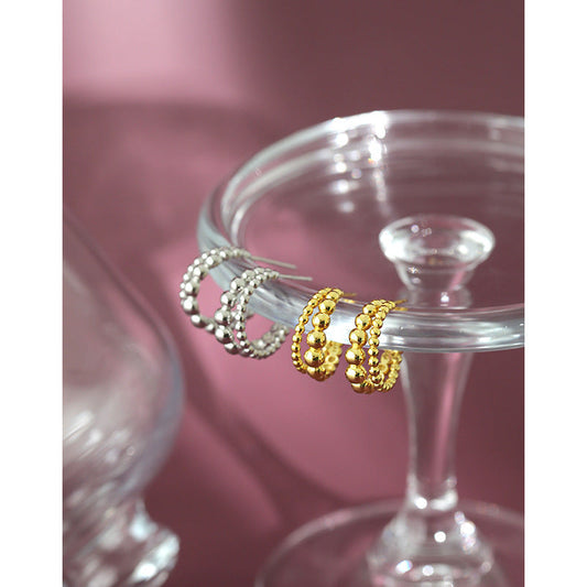 Double-Row Round Bolus Silver Hoop Earrings