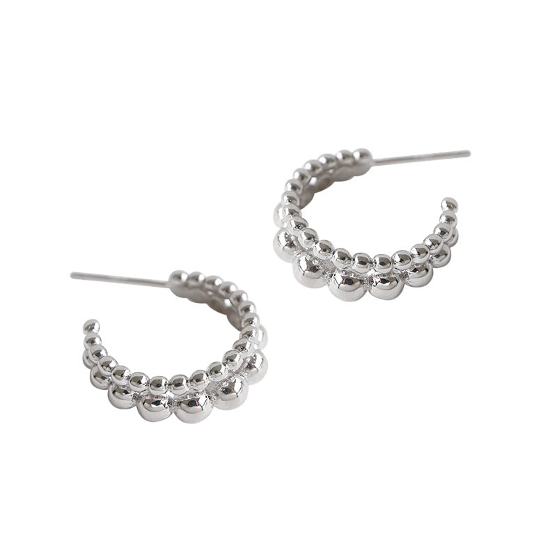 Double-Row Round Bolus Silver Hoop Earrings