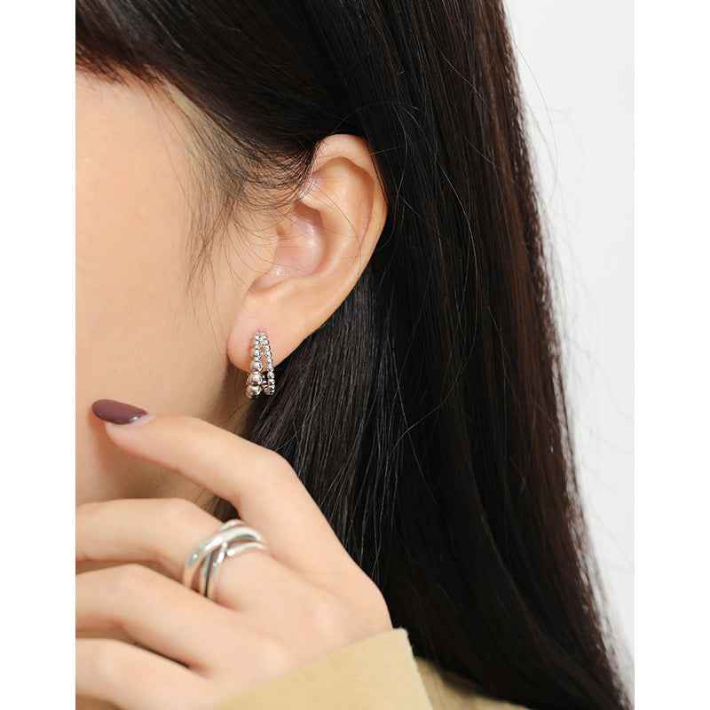 Double-Row Round Bolus Silver Hoop Earrings