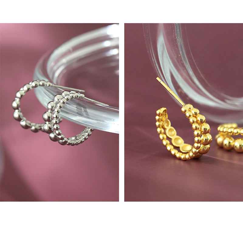 Double-Row Round Bolus Silver Hoop Earrings