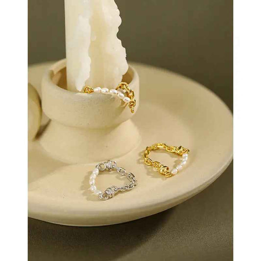 Baroque Chain Silver Pearl Ring