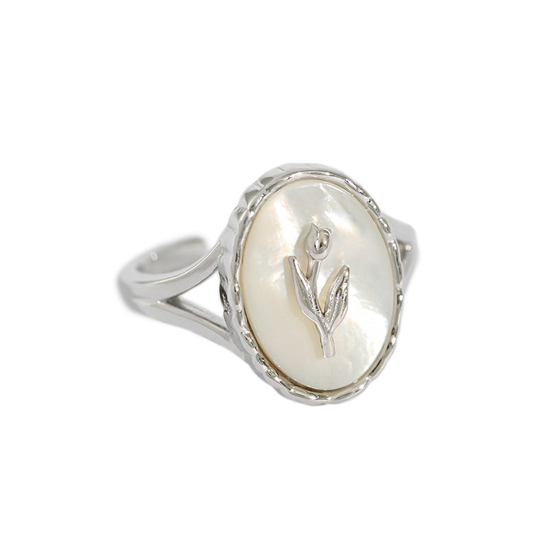 TULIP OVAL SHELL SILVER RING - OPHRASTUDIO