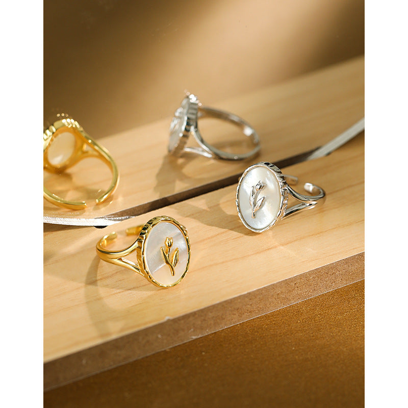 TULIP OVAL SHELL SILVER RING - OPHRASTUDIO