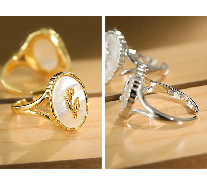 TULIP OVAL SHELL SILVER RING - OPHRASTUDIO