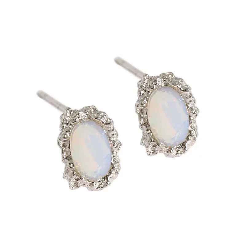 Oval Opal Silver Stud Earrings