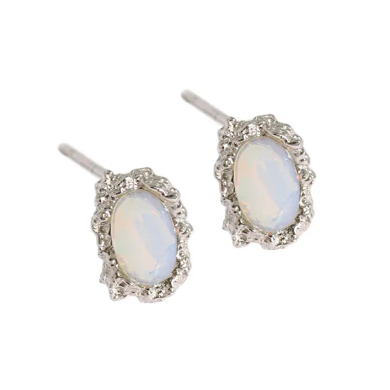 Oval Opal Silver Stud Earrings