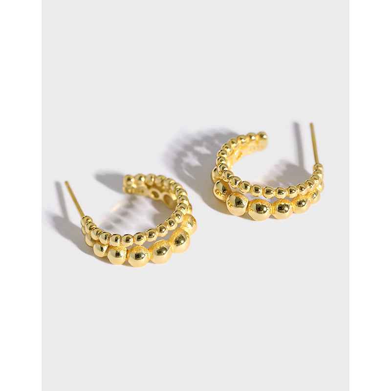 Double-Row Round Bolus Silver Hoop Earrings