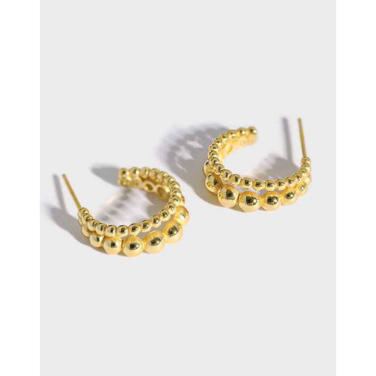 Double-Row Round Bolus Silver Hoop Earrings