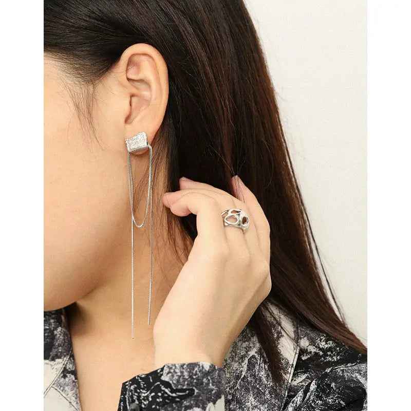 Asymmetrical Tassel Silver Drop Earrings