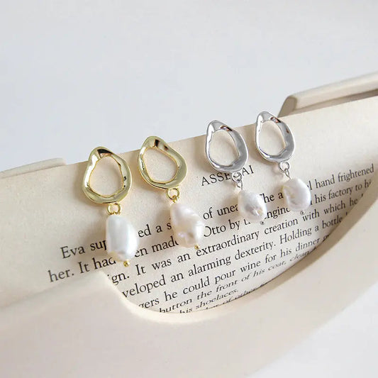 Simple Baroque Silver Pearl Drop Earrings