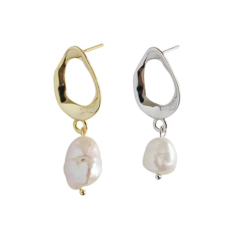 Simple Baroque Silver Pearl Drop Earrings
