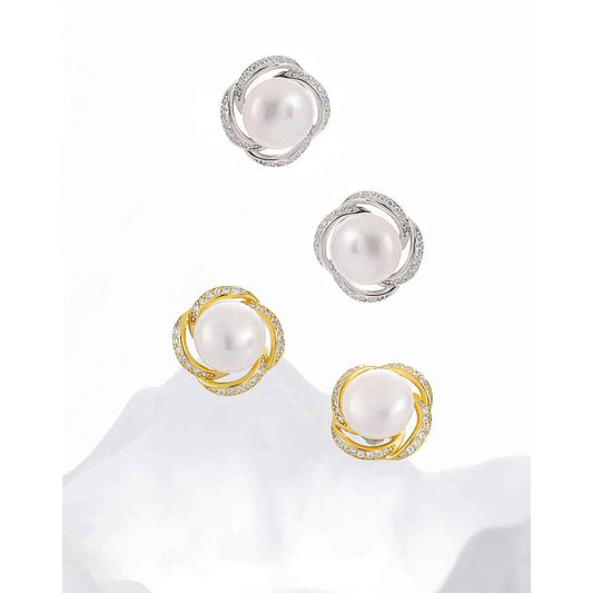 Diamond Bloom Silver Pearl Stud Earrings