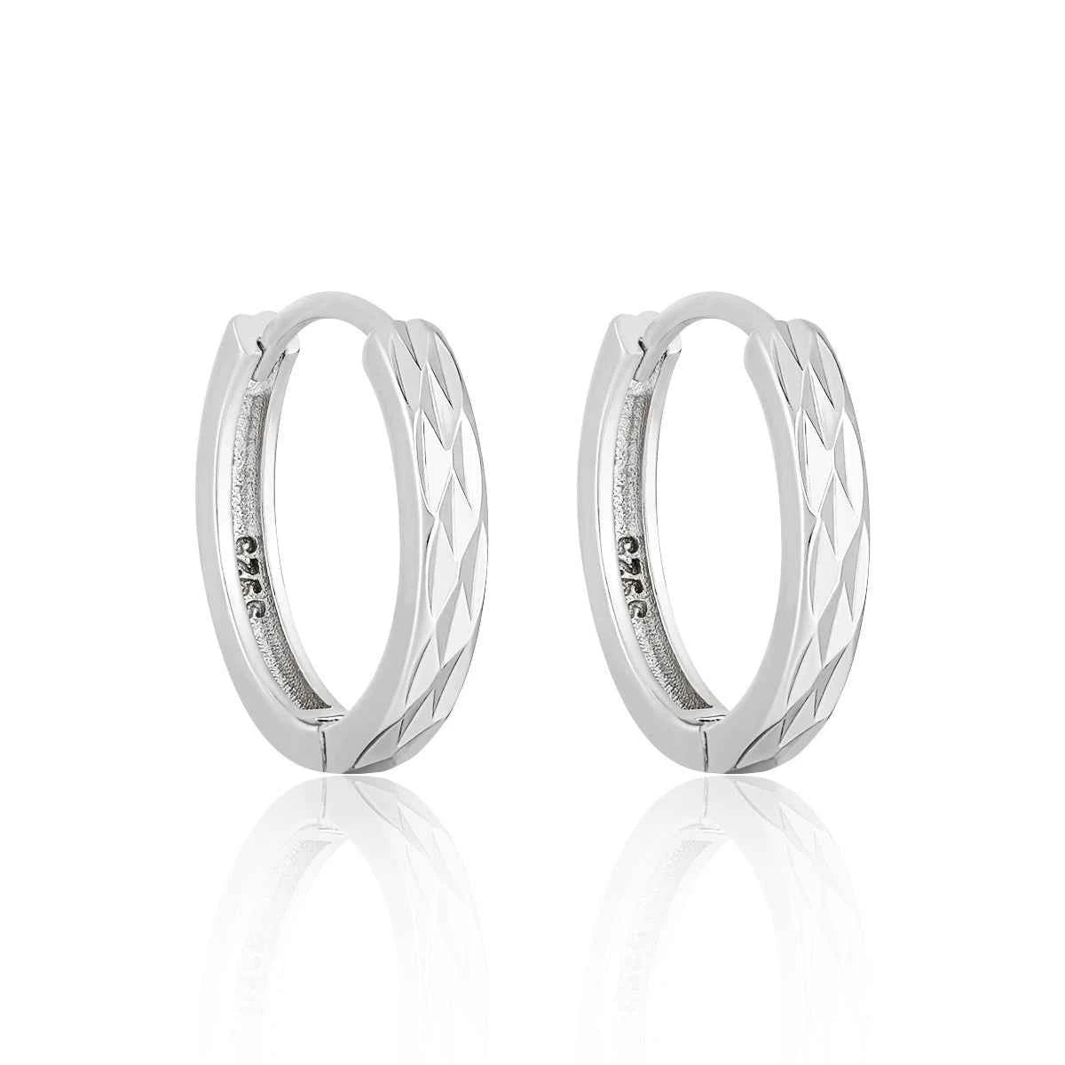 Geometric Diamond-Cut Silver Hoop Earrings