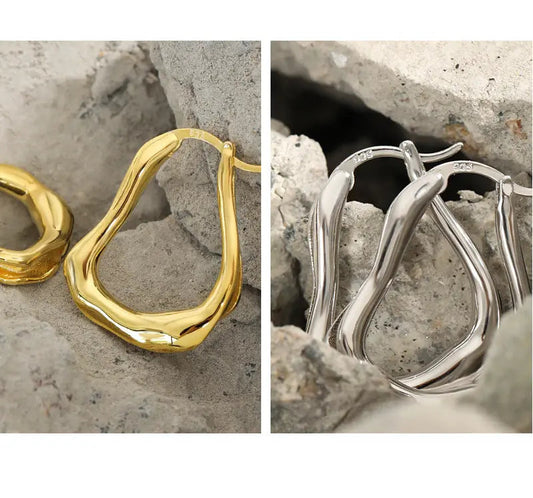 Irregular Wave Texture Silver Hoop Earrings