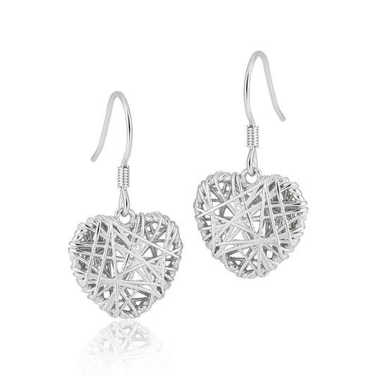 Hollow Grid Heart Silver Drop Earrings
