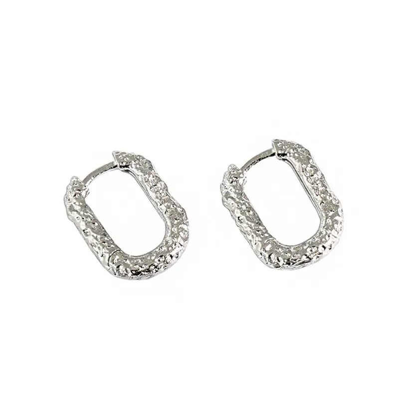 Oval Textured Silver Huggie Earrings
