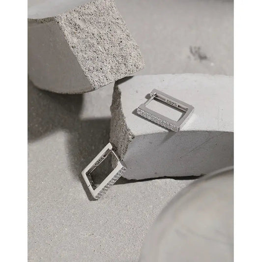 Geometric Brilliance Silver Huggie Earrings
