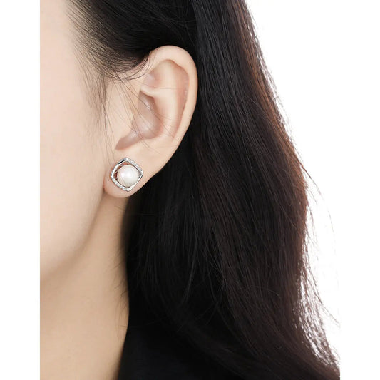Geometric Zircon-Set Silver Pearl Stud Earrings