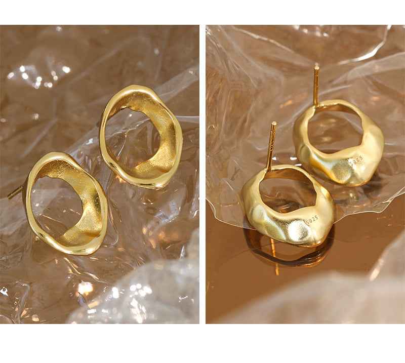 Geometric Ring Texture Silver Stud Earrings