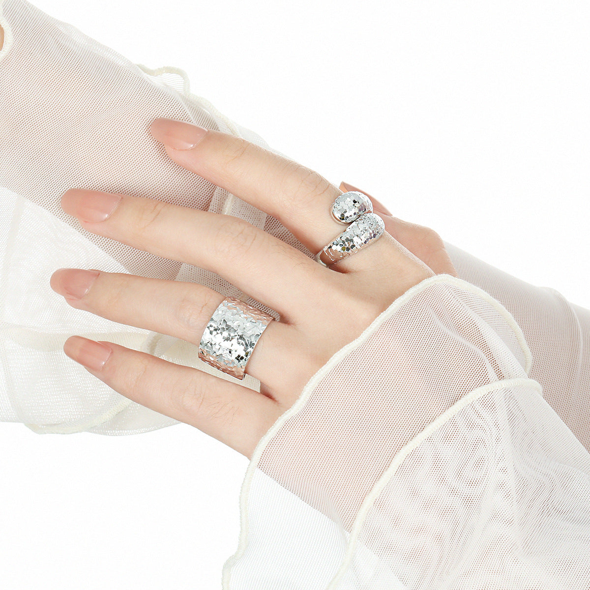 188 Car Flower Hammer Wide Edition Ring Women's Premium S925 Sterling Silver Niche Personality ins Glitter Scales Silver Ring OPHRASTUDIO