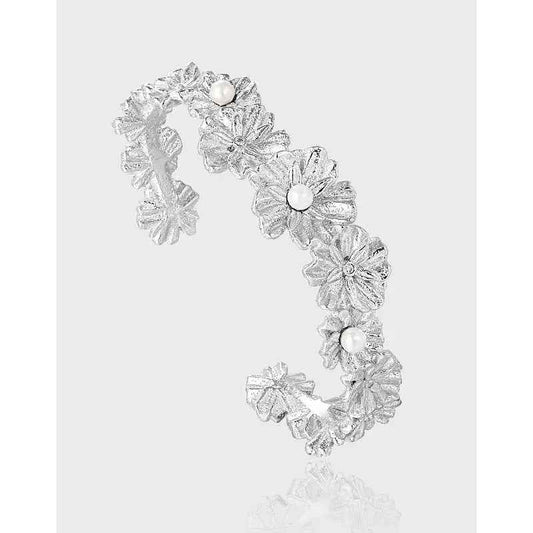 Retro Flower Silver Pearl Cuff Bracelet
