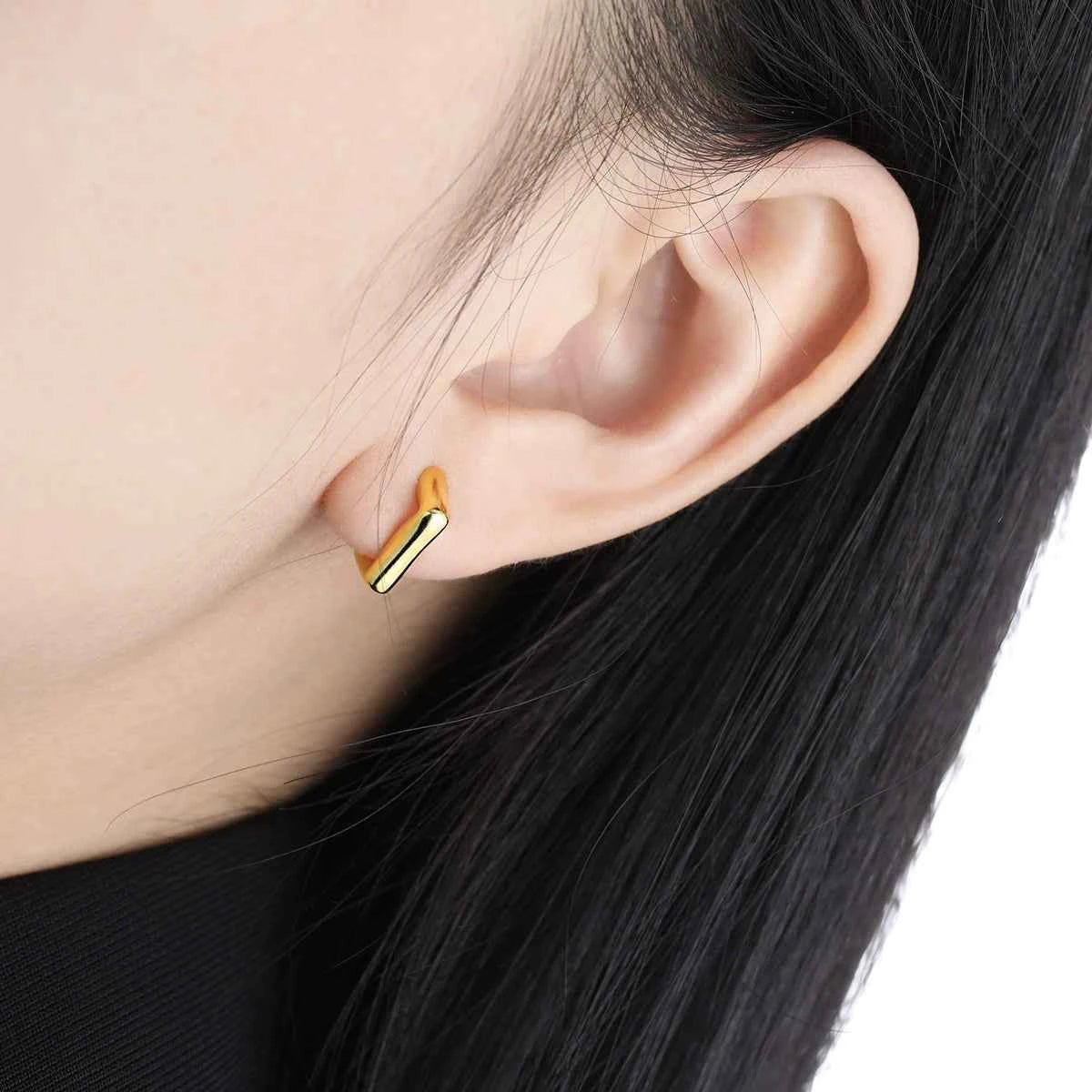 Geometric Dimensional Silver Huggie Earrings