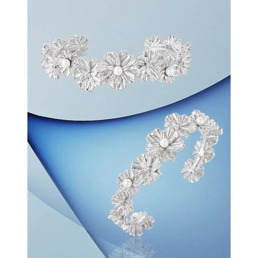 Retro Flower Silver Pearl Cuff Bracelet