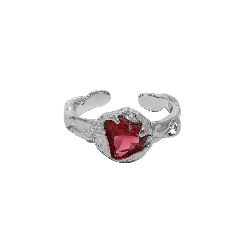 Red Zircon Texture Silver Statement Ring
