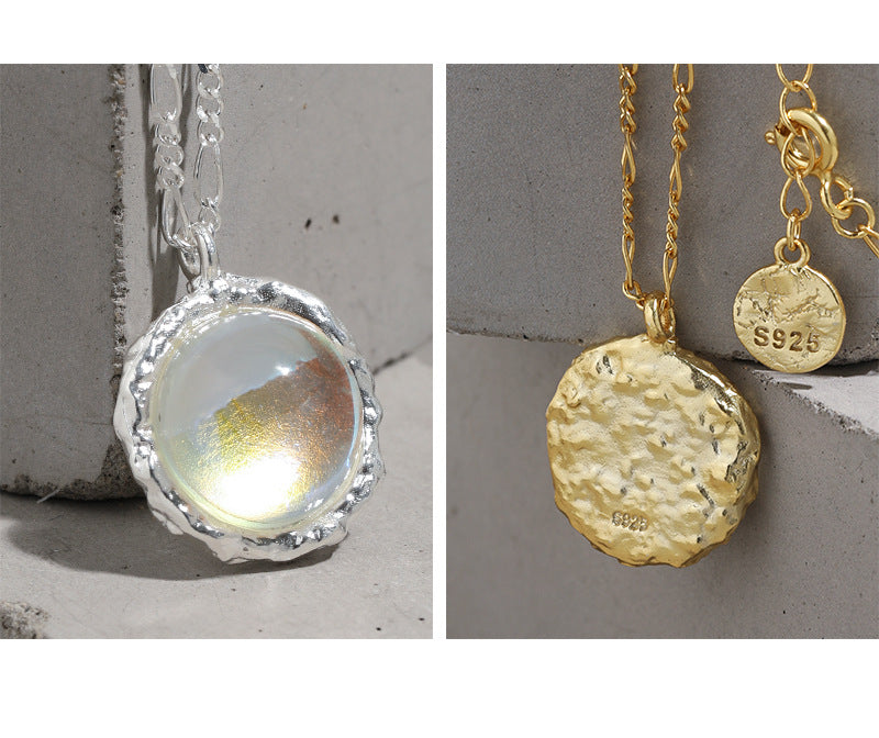 371 Korean version ins niche design sense geometric round inlaid moonstone pendant texture S925 sterling silver necklace women OPHRASTUDIO