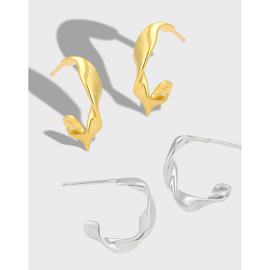Irregular Smooth Twist Silver Huggie Earrings