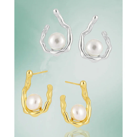 Frosted Drop Silver Pearl Stud Earrings