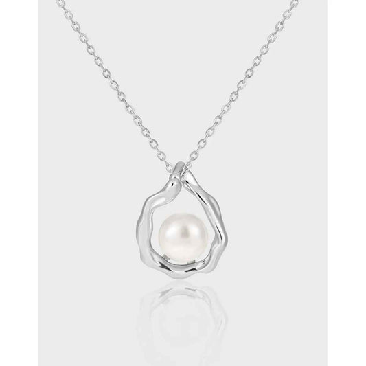 Geometric Drop Silver Pearl Necklace