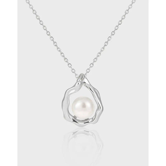 Geometric Drop Silver Pearl Necklace