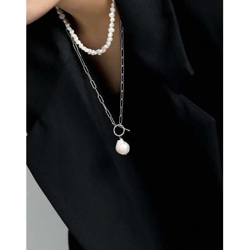 Baroque Elegance II Silver Pearl Necklace