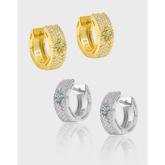 Four-Leaf Clover Zircon Silver Huggie Earrings