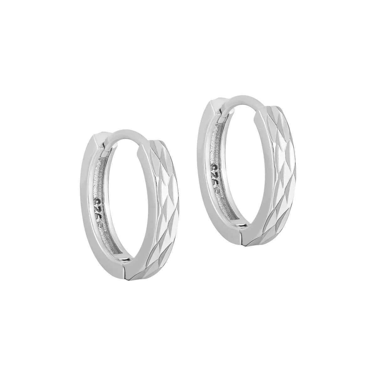 Geometric Diamond-Cut Silver Hoop Earrings