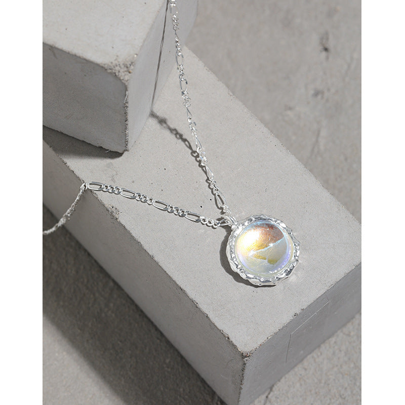 371 Korean version ins niche design sense geometric round inlaid moonstone pendant texture S925 sterling silver necklace women OPHRASTUDIO