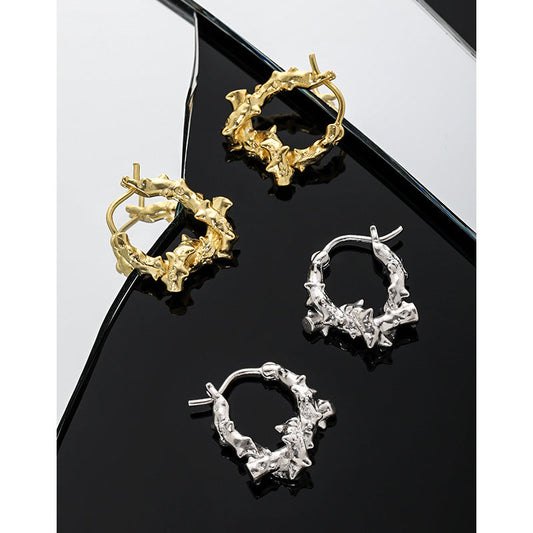 Irregular Knotted Vine Silver Huggie Earrings