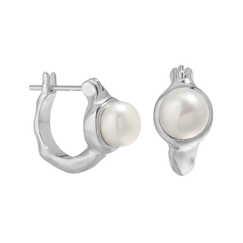 Lustrous Freshwater Pearl Silver Huggie Earrings