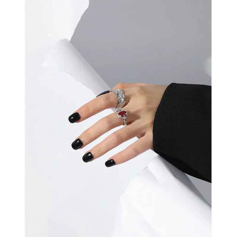 Red Zircon Texture II Silver Statement Ring