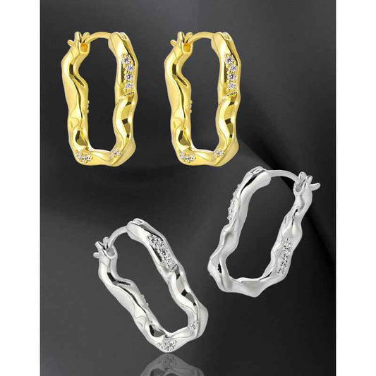 Irregular U-Shaped Zircon-Set Silver Hoop Earrings