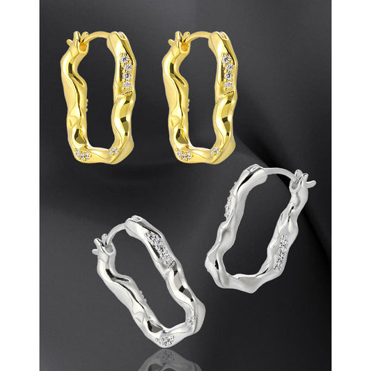 Irregular U-Shaped Zircon-Set Silver Hoop Earrings