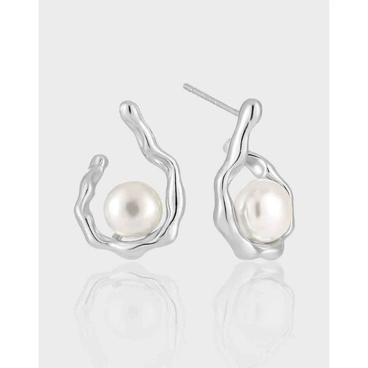 Frosted Drop Silver Pearl Stud Earrings