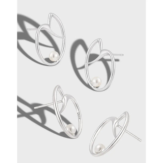 Heart Geometric Silver Pearl Stud Earrings