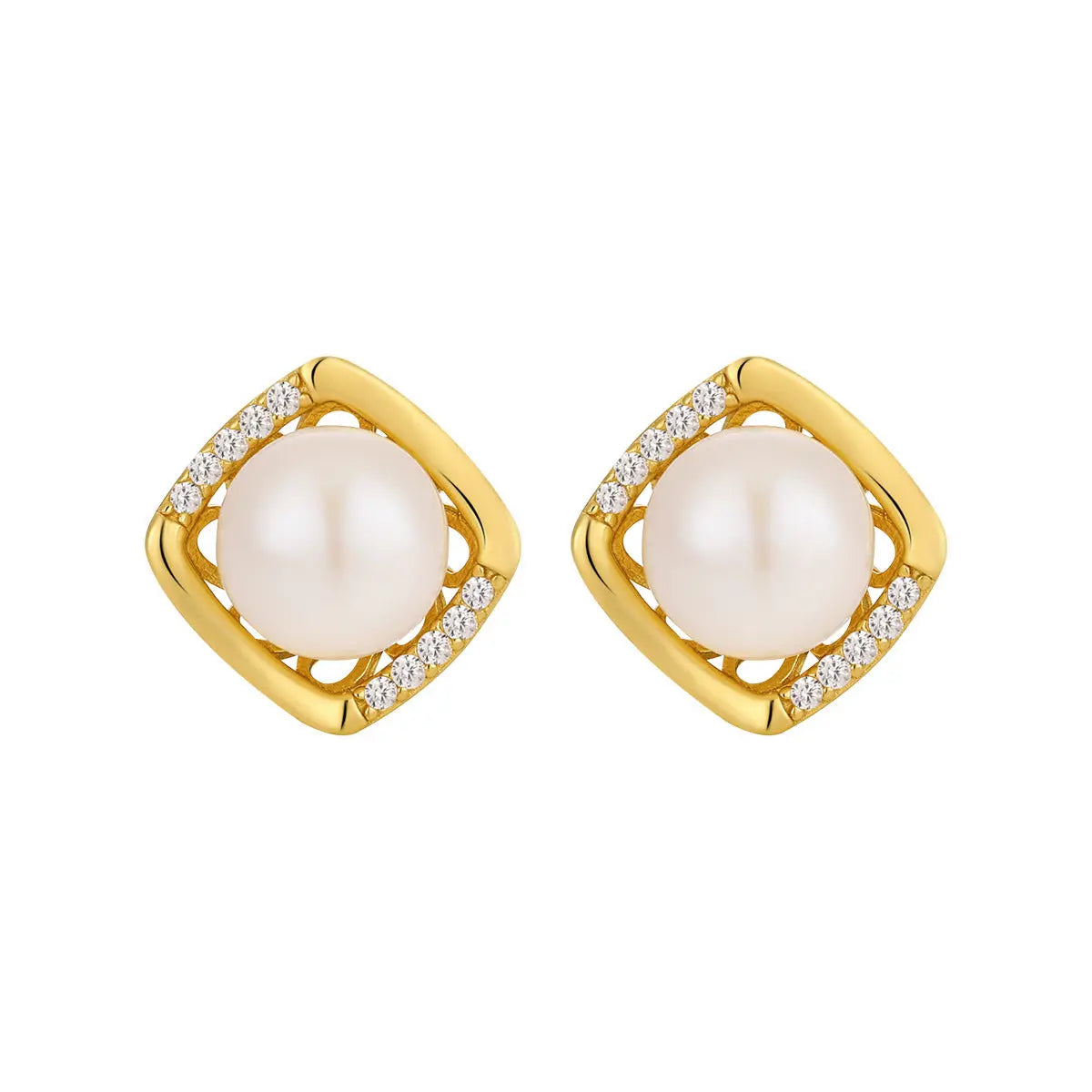 Geometric Zircon-Set Silver Pearl Stud Earrings