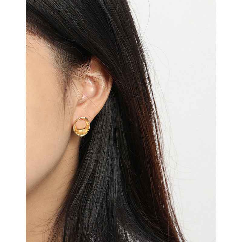 Geometric Ring Texture Silver Stud Earrings