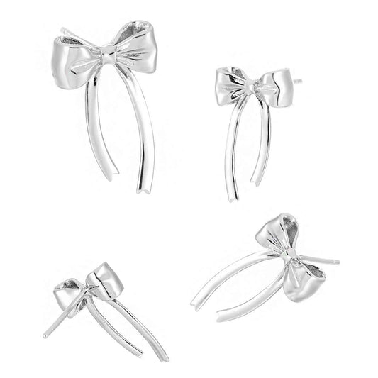 Silver Bow Ribbon Stud Earrings