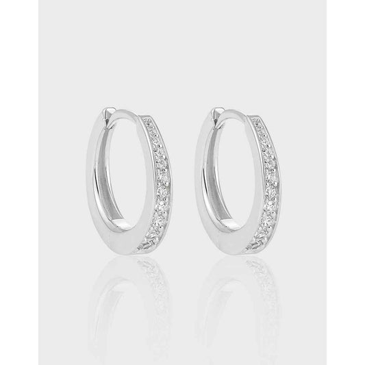 Unilateral Micro-Zircon-Set Silver Hoop Earrings